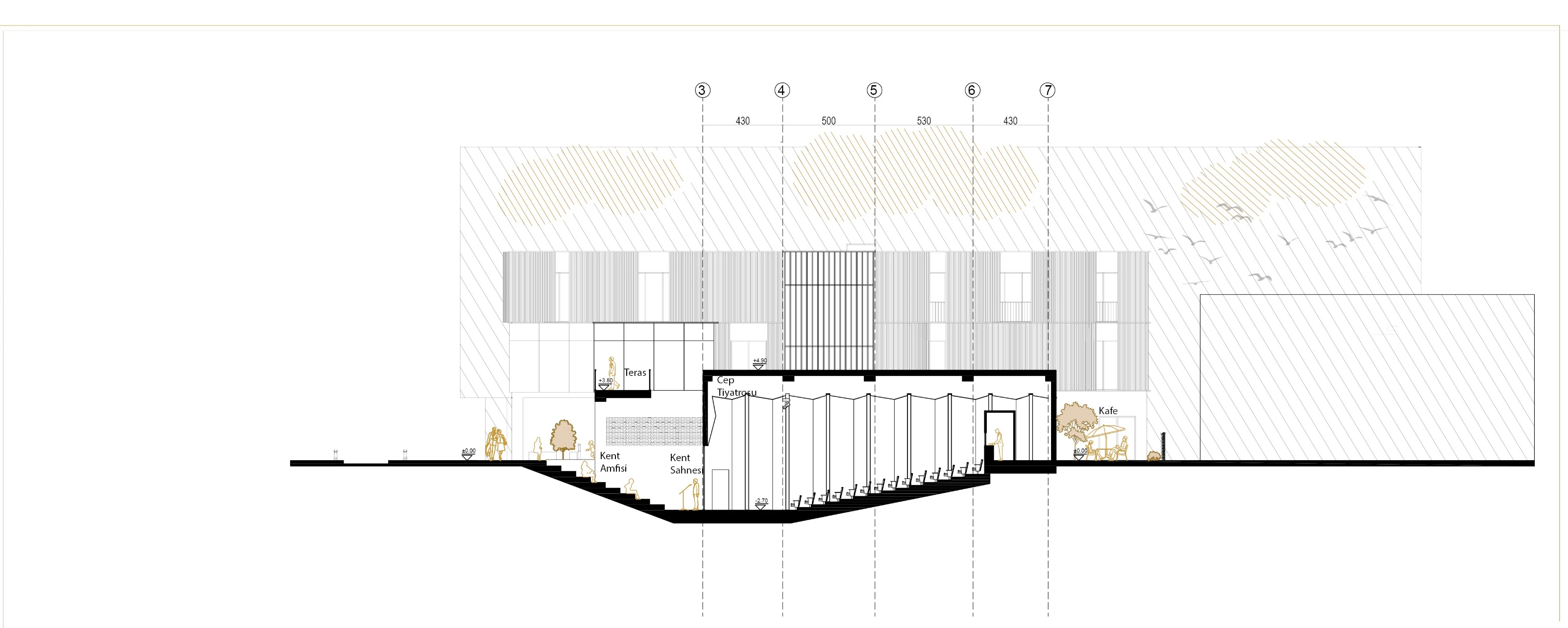 Section through the pocket theatre and the amphitheatre stepping down from street level