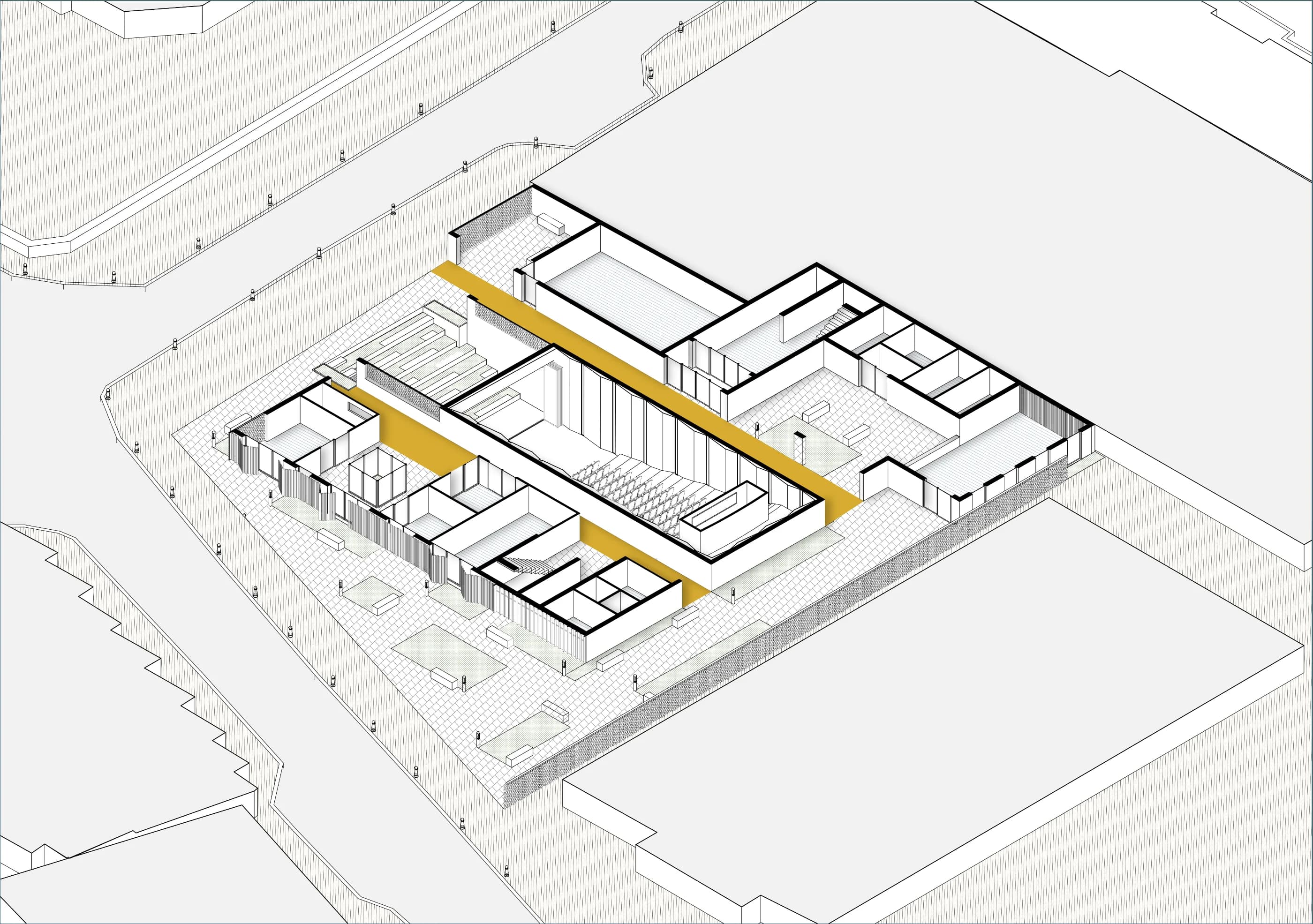 Axonometric of the ground floor with the two public routes, Production Street and Art Street, highlighted in yellow