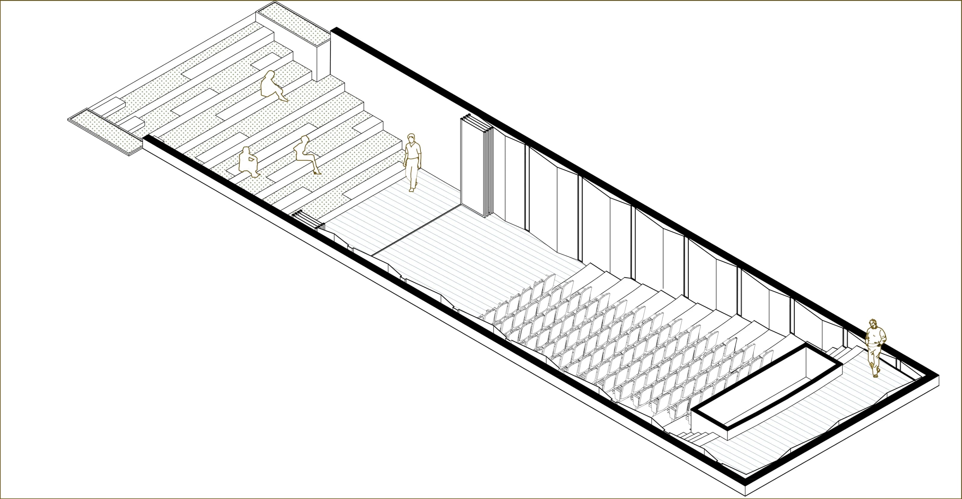 Axonometric of the pocket theatre with its stage opening onto the outdoor amphitheatre