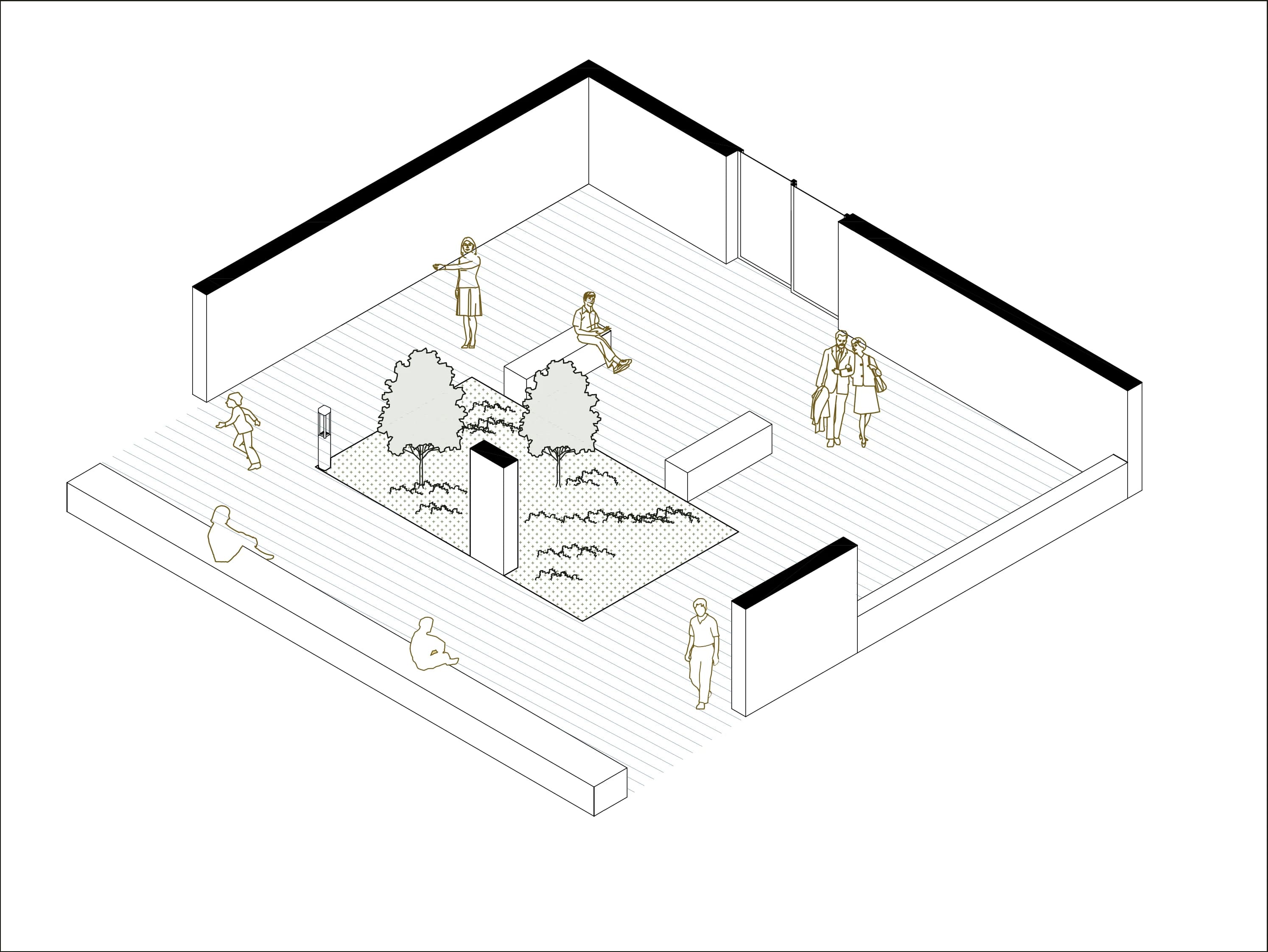 Axonometric of a public courtyard with trees, benches and a long seating edge